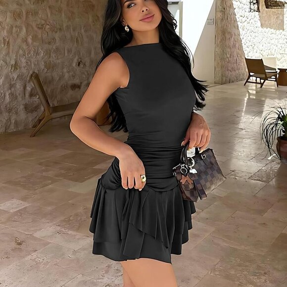 Women Drop Waist Mini Dress Ruffle Hem Sleeveless Corset for Party - Picture 2 of 6